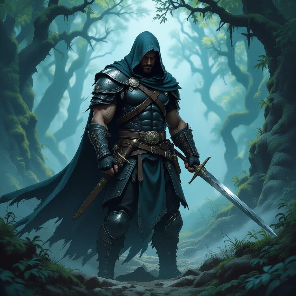 Heroic Warrior in Ancient Forest, Fantasy Art