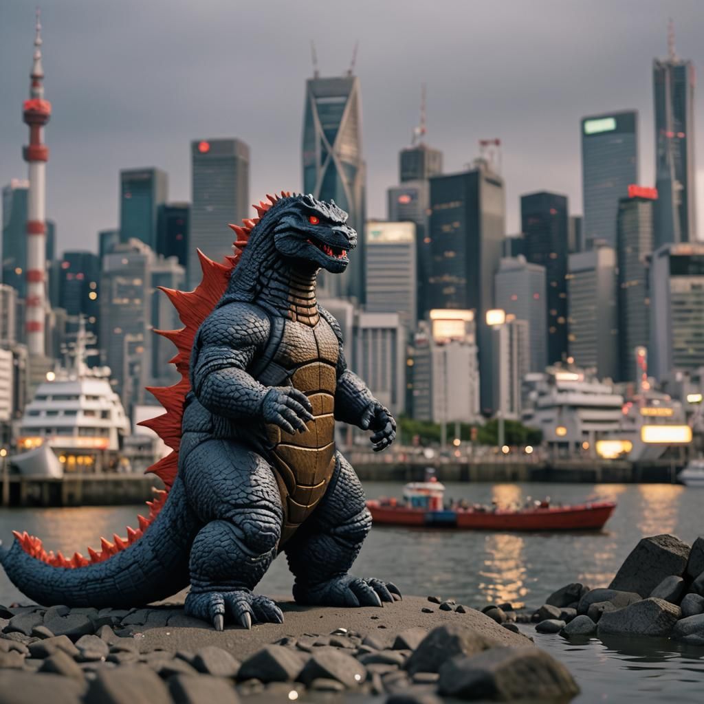 Claymation Godzilla in Tokyo Harbor, 3D Render
