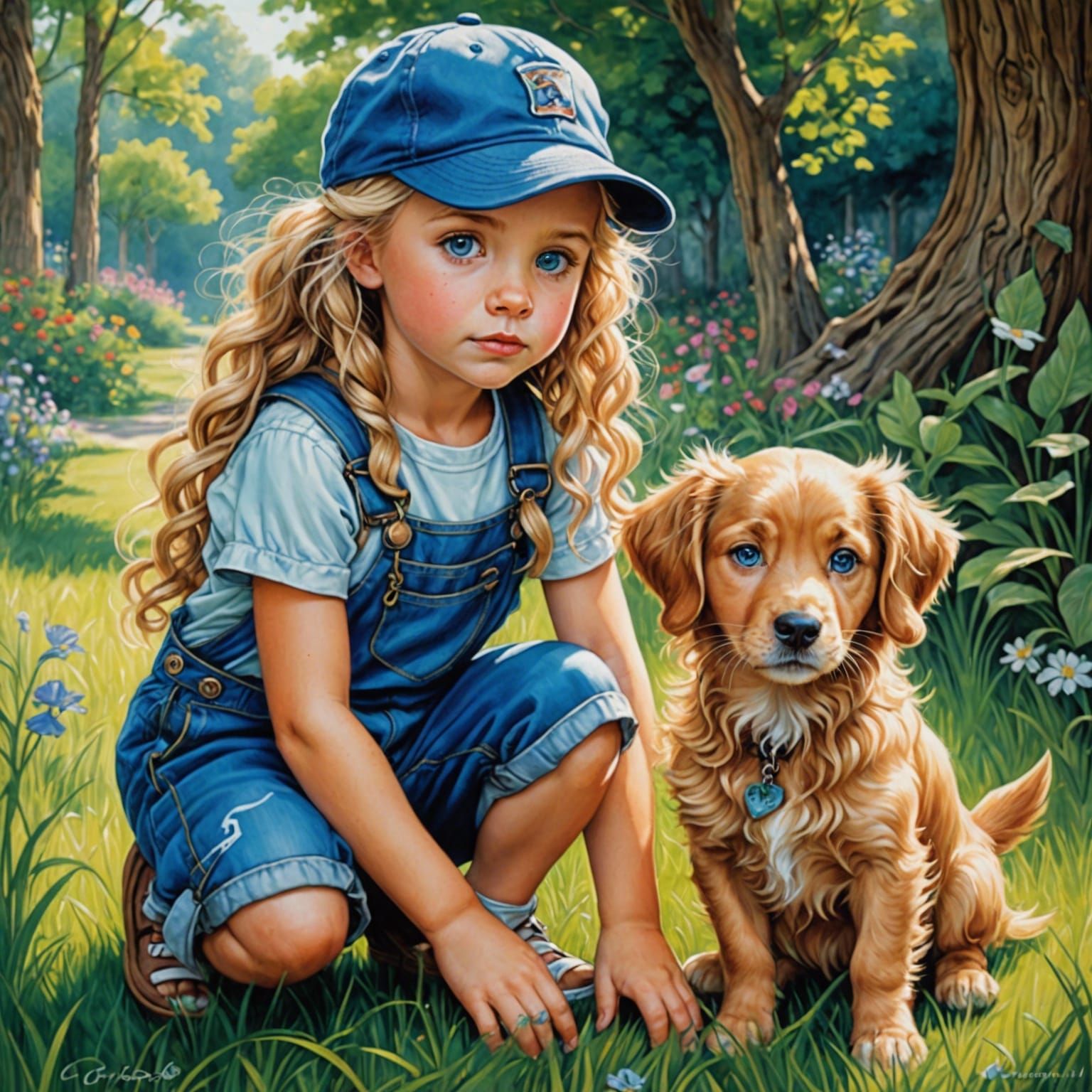Girl and Dog in Cartoon Colored Pencil Drawing