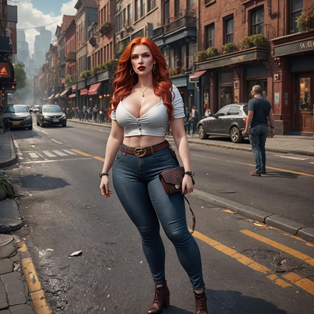 Curvy Redhead in Jeans: Detailed Matte Painting