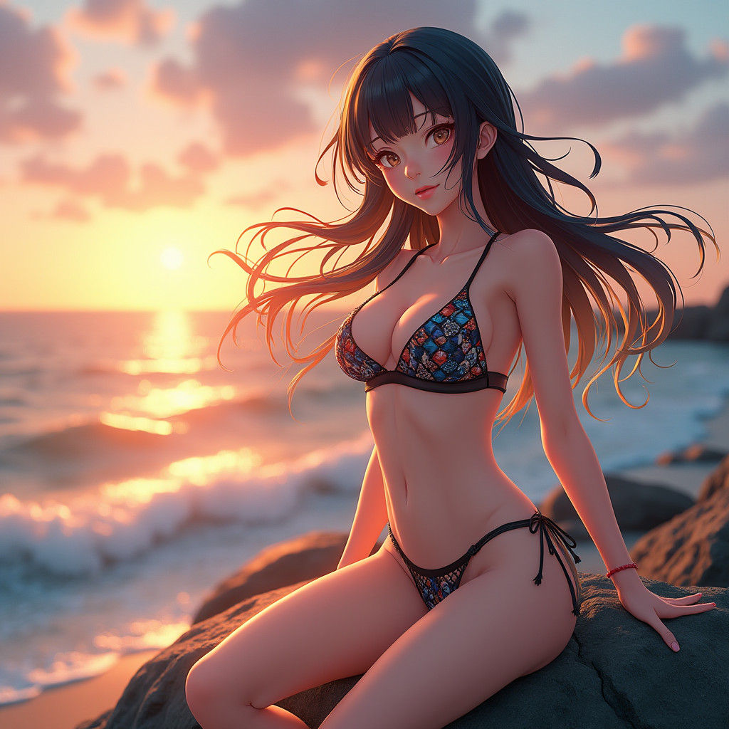 Woman in Fishnet Bikini Sunset, Anime Style