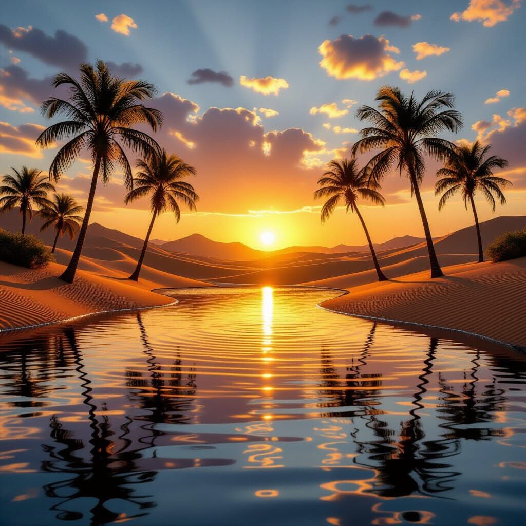 Realistic Desert Oasis at Sunset: Golden Light and Glistenin...
