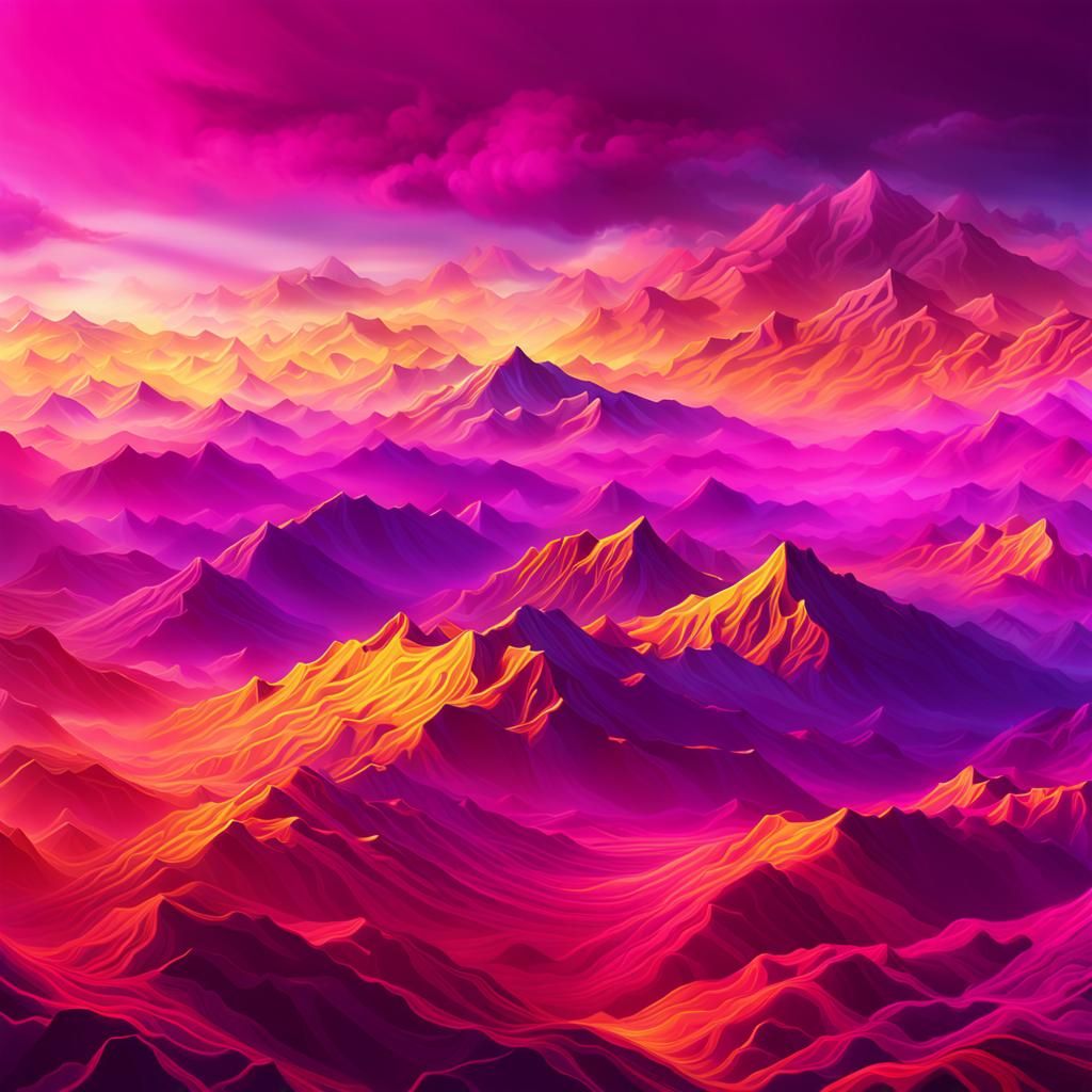 Plum Mountains Under Cyberpop Sunset: Digital Art