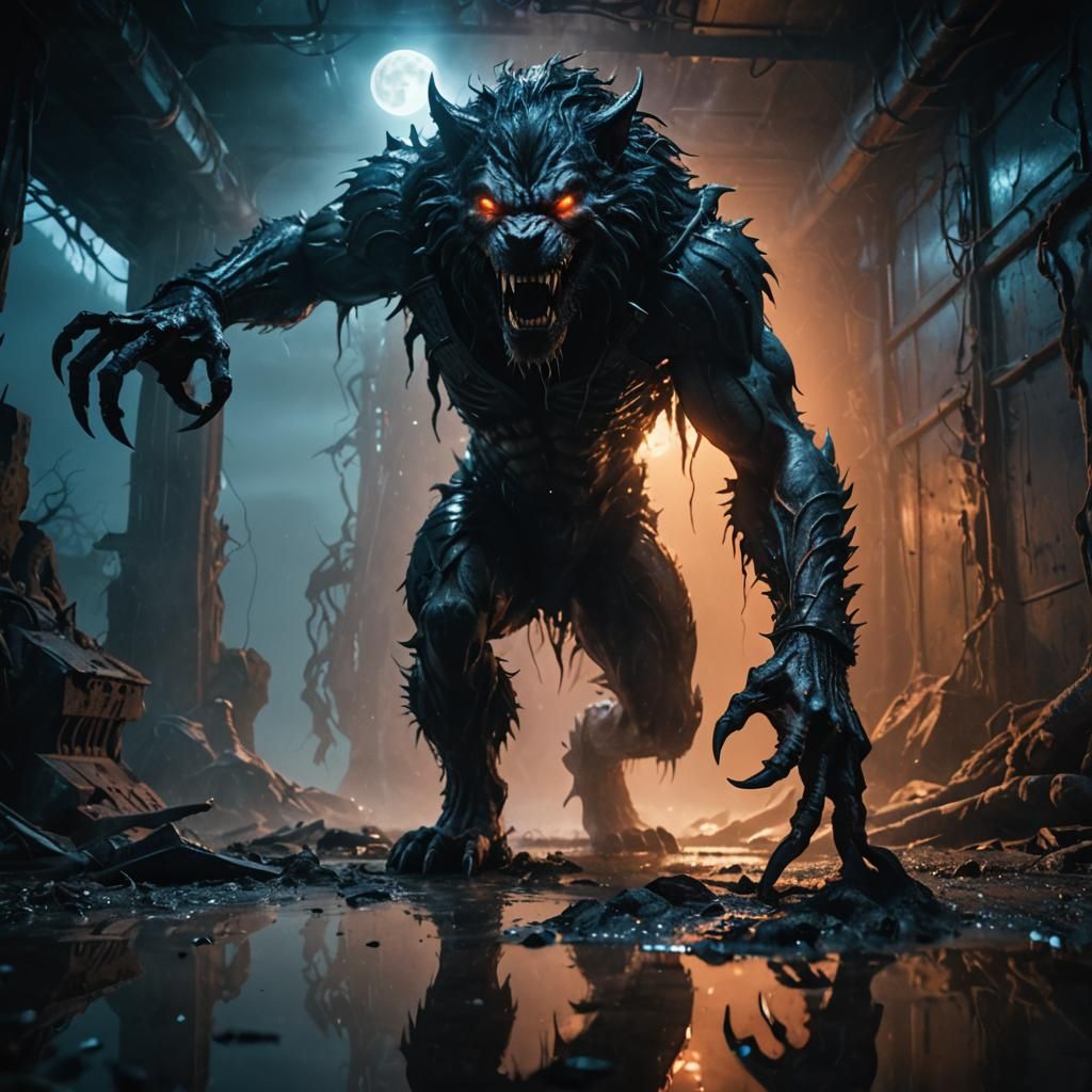 Werewolf's Grotesque Reflection in Post-Apocalyptic Abyss