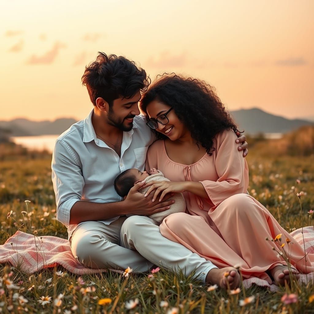 Romantic Lakeside Picnic with Newborn in Splash Art Style