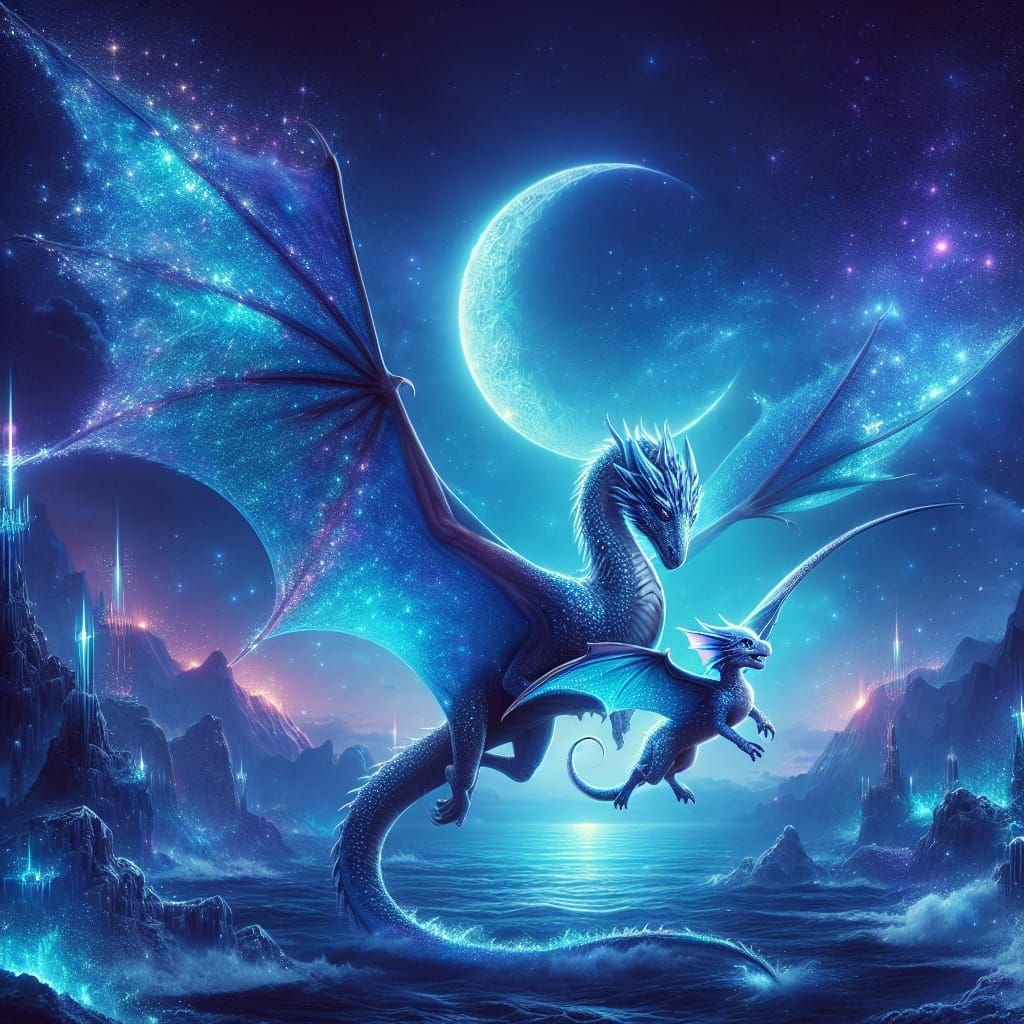 Sparkling Baby Dragon and Mother Soaring at Night