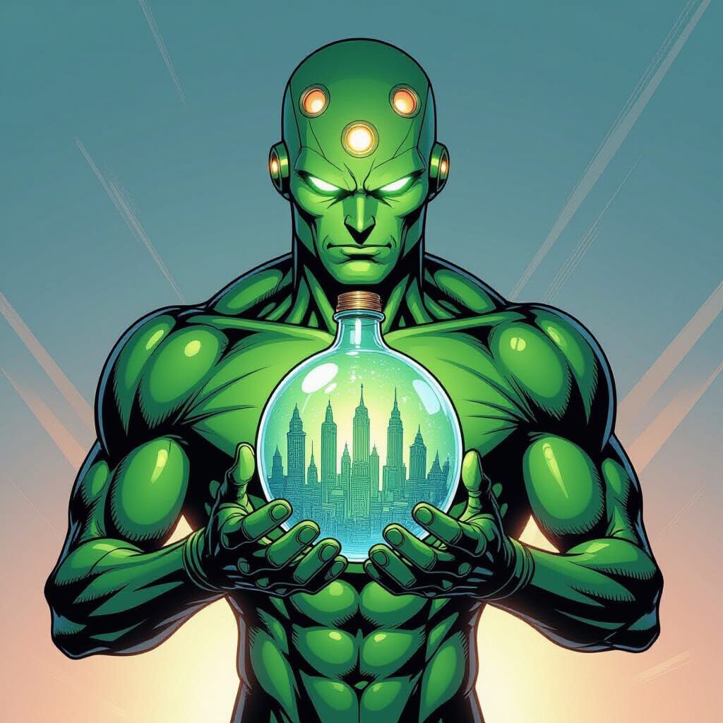 Brainiac Holds Bottled Alien City in Comic Art Style