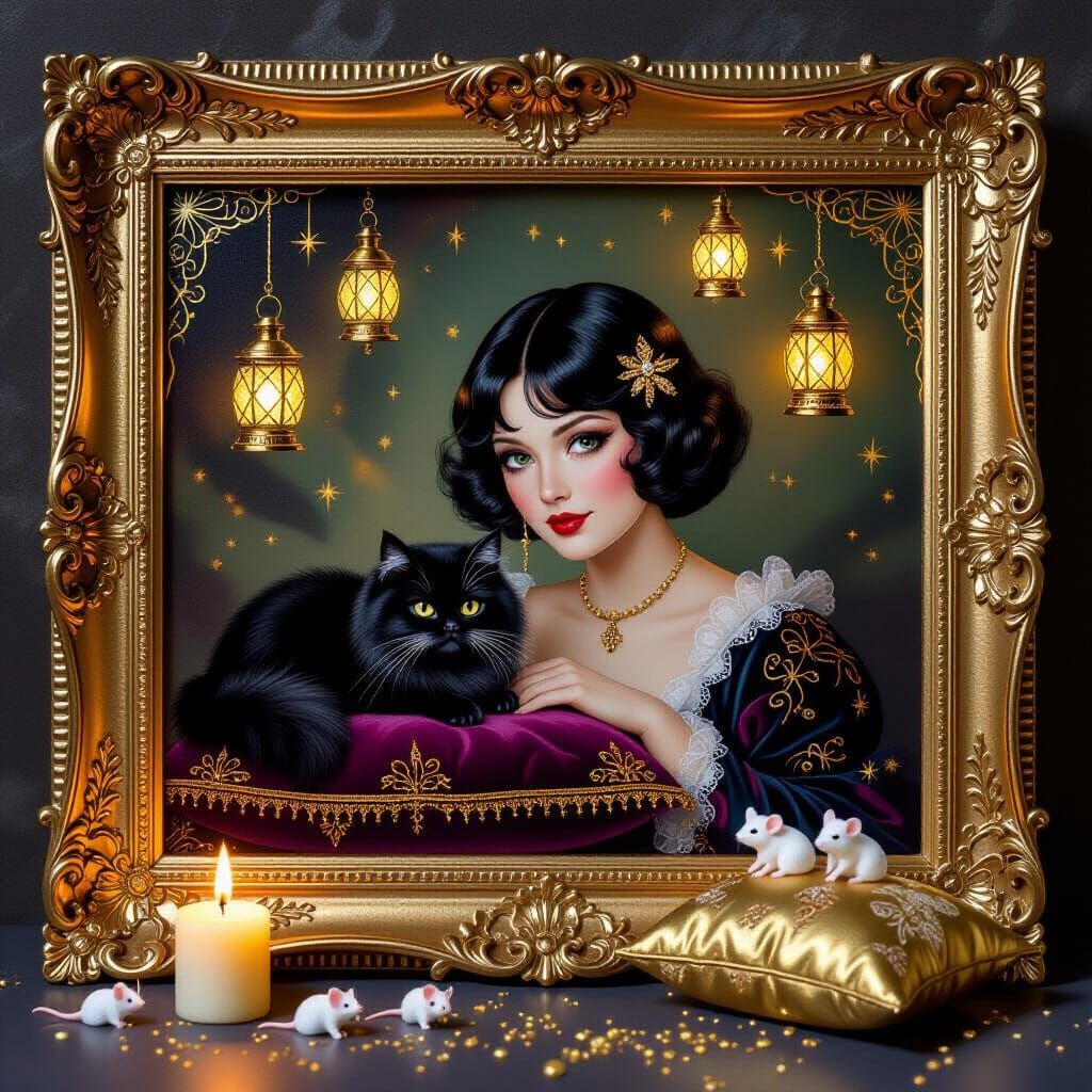 Vintage Beauty and Black Cat in Candlelight