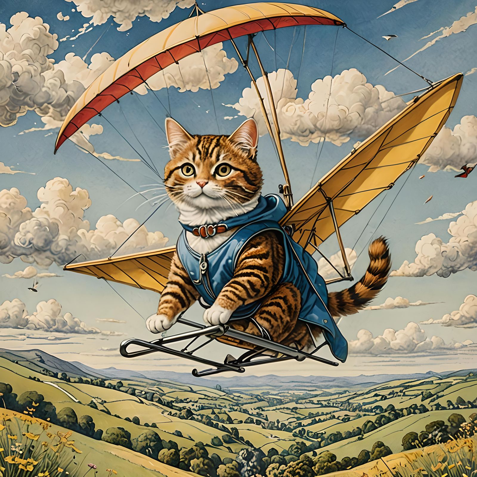 Anthropomorphic Cat Hang-Gliding in Watercolour Style