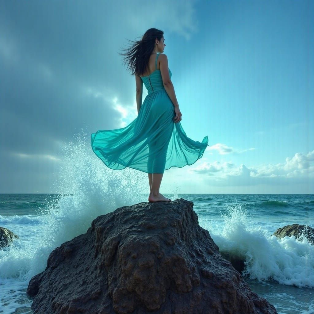 Elegant Slavic Woman in Neon Dress, Digital Art