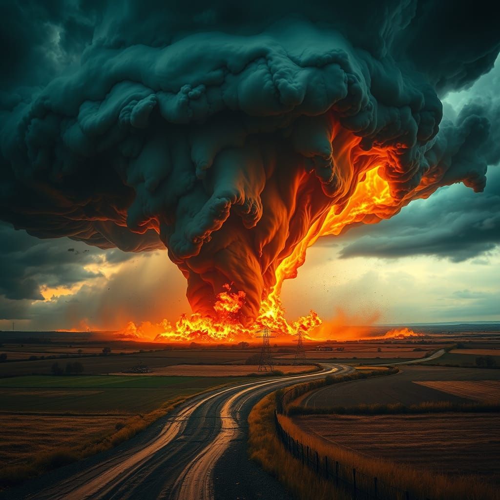 Inferno Tornado Sweeps Rural Landscape in Hyperrealistic Sty...