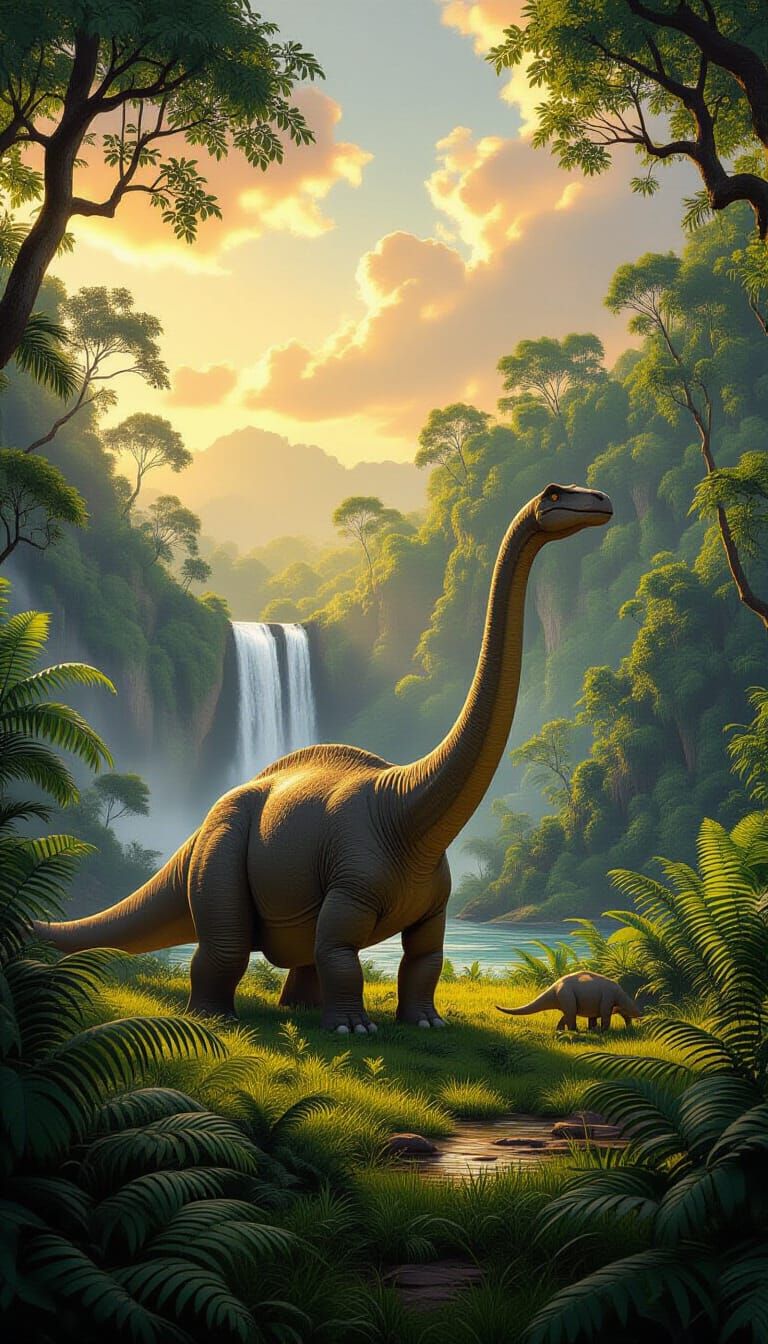Brontosaurus Grazing in Prehistoric Jungle