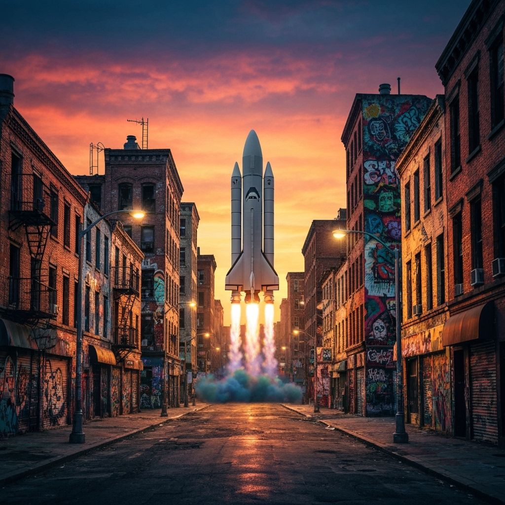 Dystopian Metropolis Rocket Launch in Street Art Style