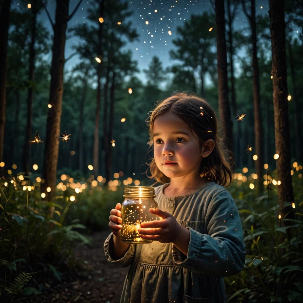 Girl with Fireflies in Forest at Night