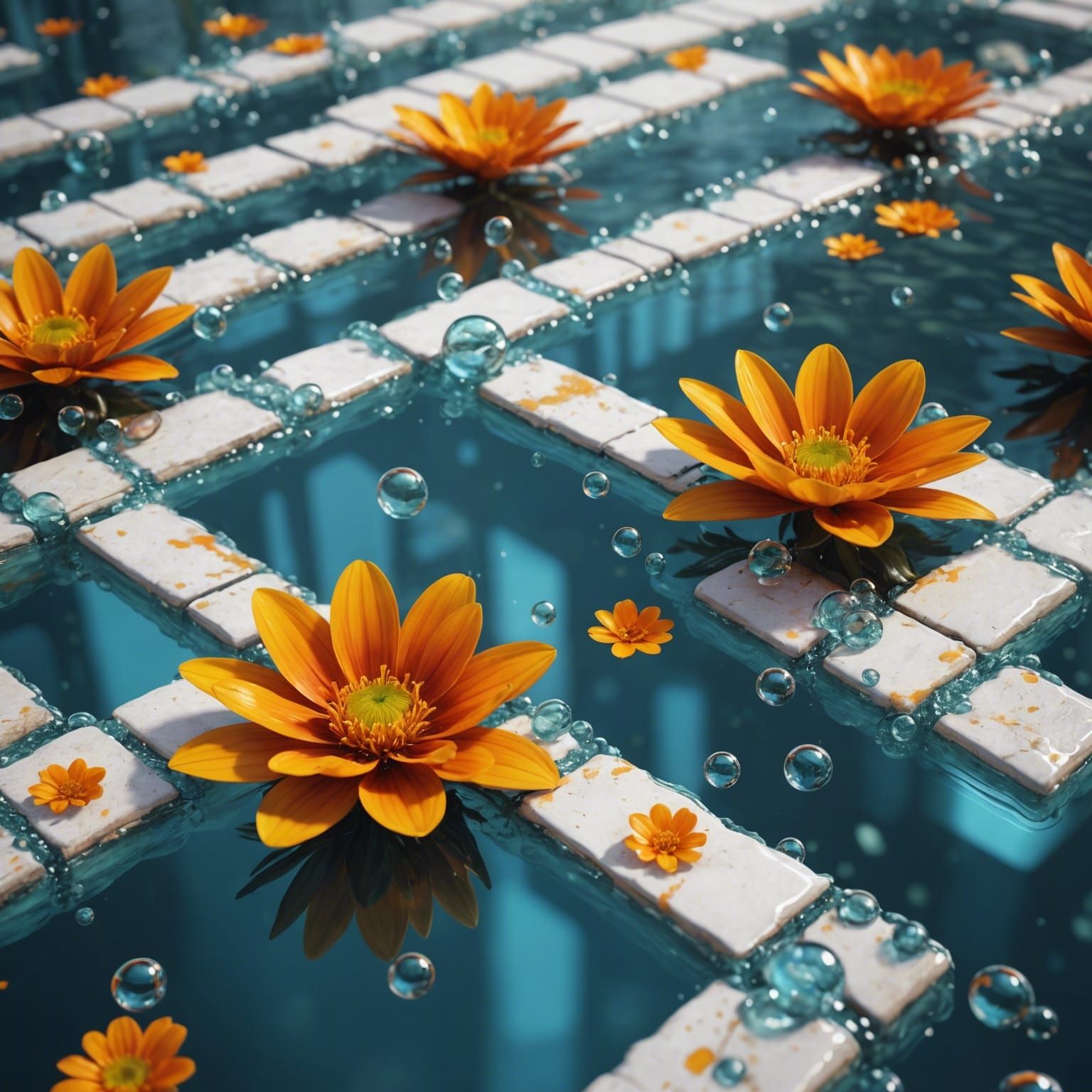 Aquamarine Floor with Orange Flower in Matte Painting