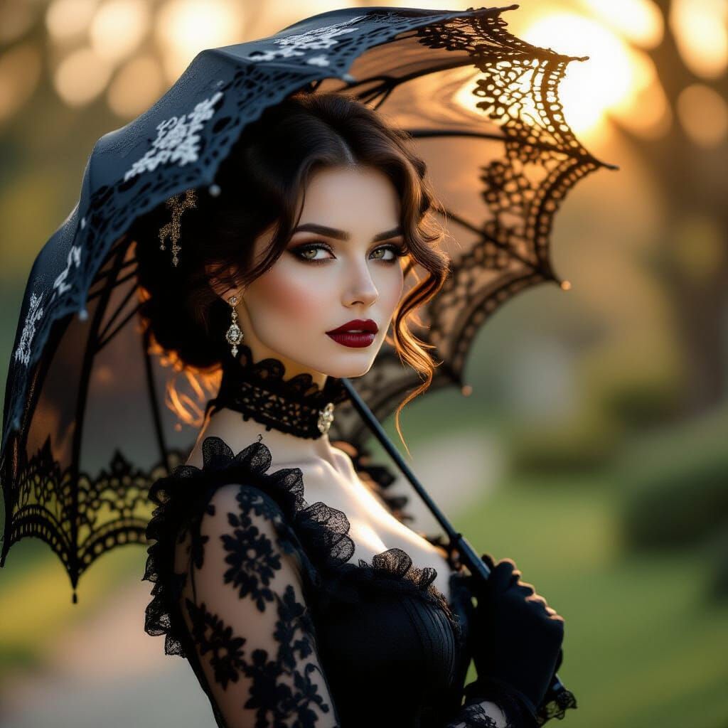 Goth Woman With Parasol in Golden Hour Light