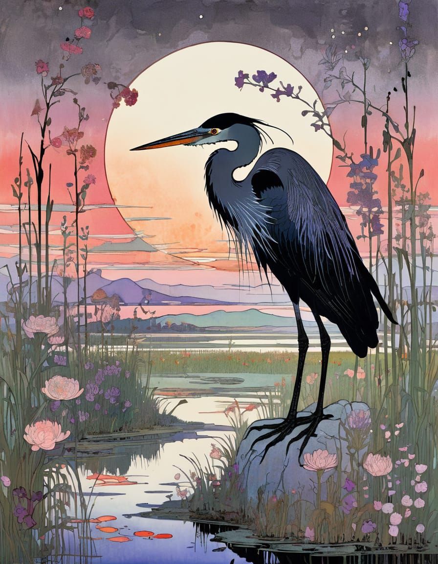 Ethereal Heron Amidst Vibrant Blooms in a Sunset Scene