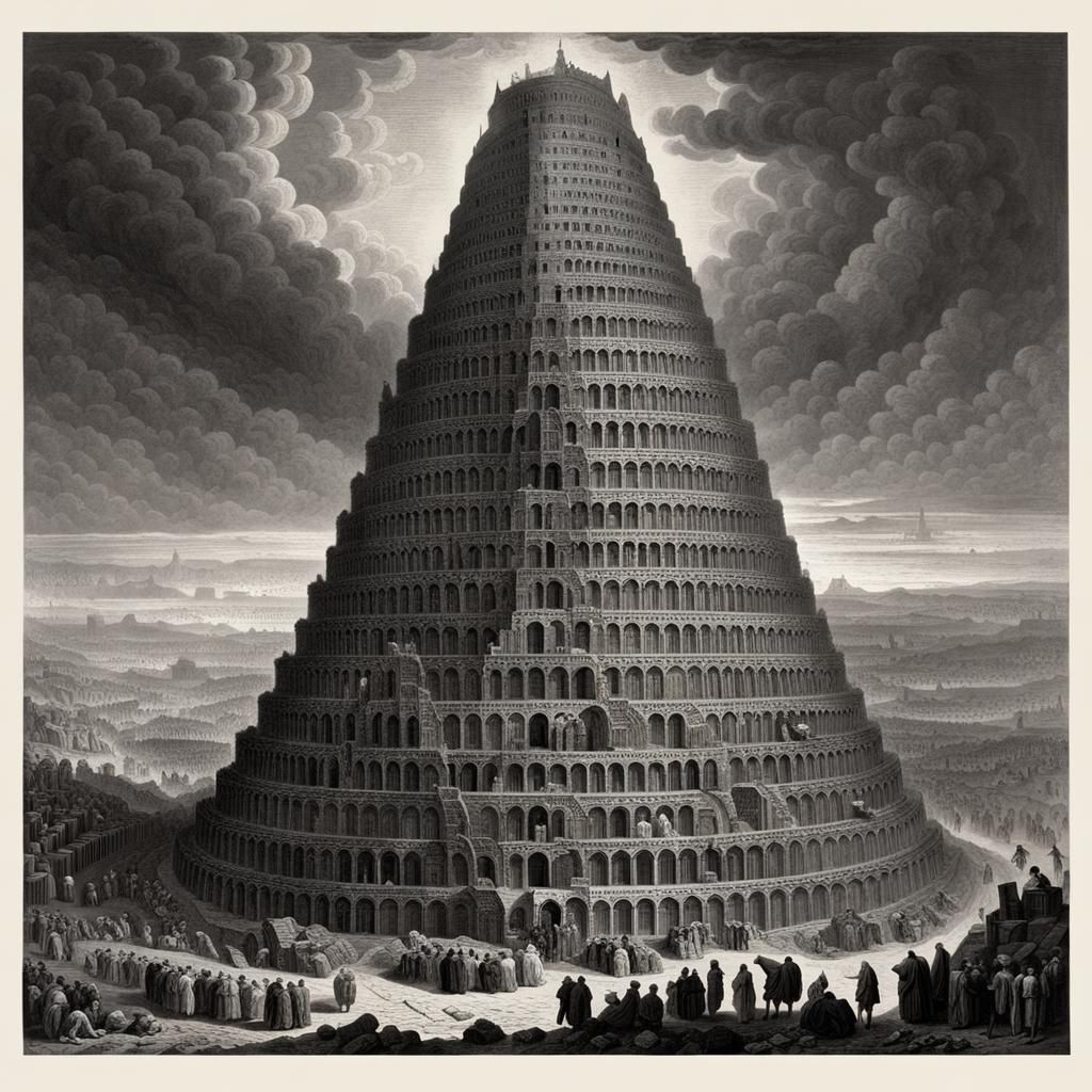 Tower of Babel Constructed of Words, Gustave Doré Style
