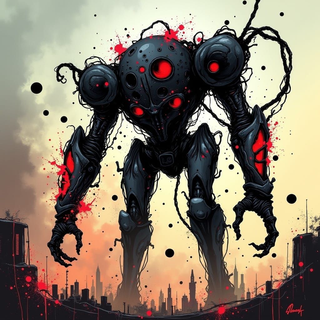 Cyberpunk Mecha Suit in Ruins, Early Morning Dystopia