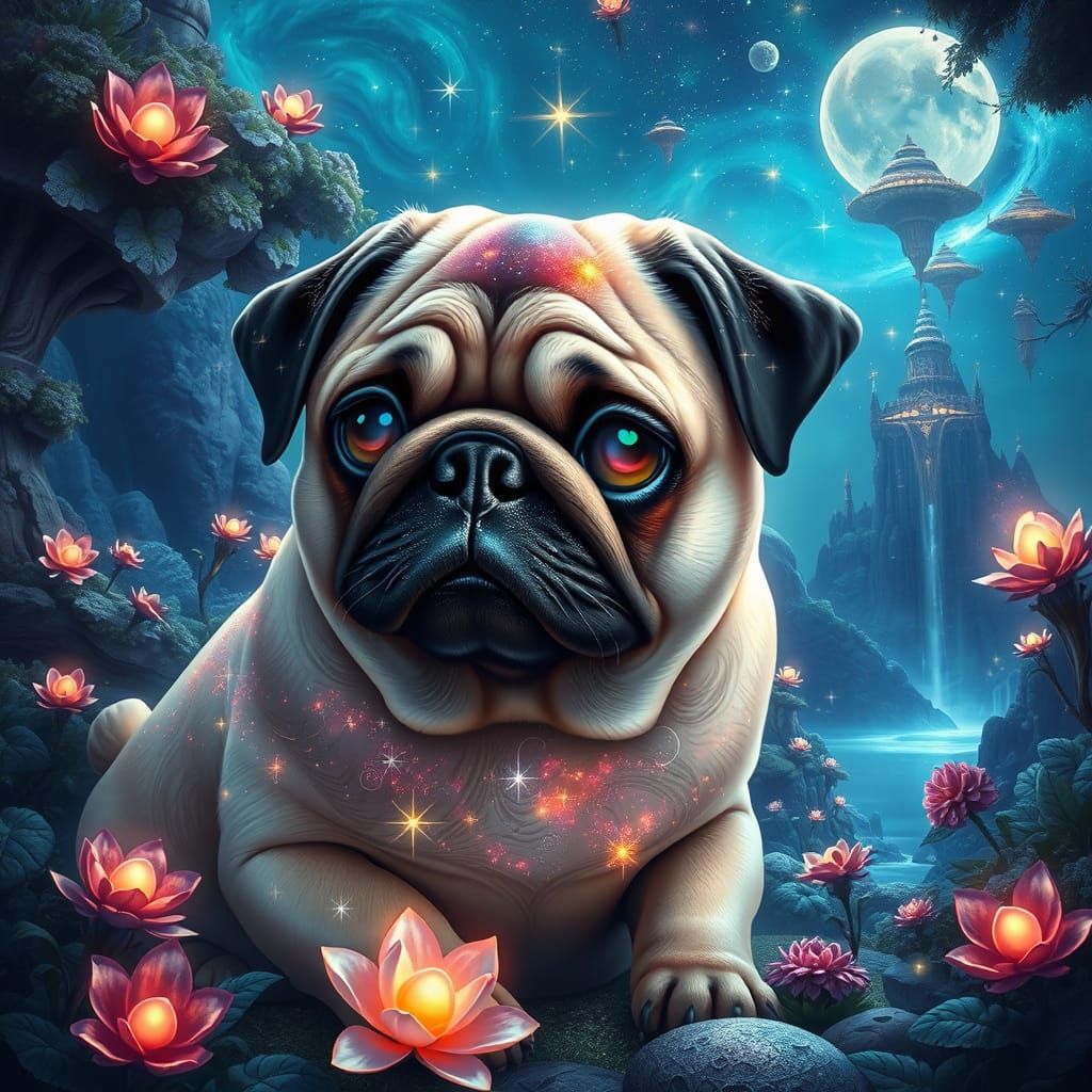 Celestial Pug in an Otherworldly Garden