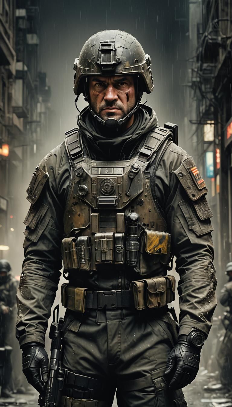 Stoic Special Forces Agent in Hyperrealistic Urban Scene