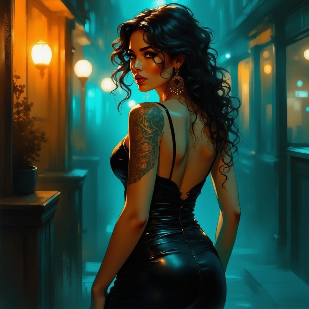 Woman's Back Tattoo in Pulp Noir Style