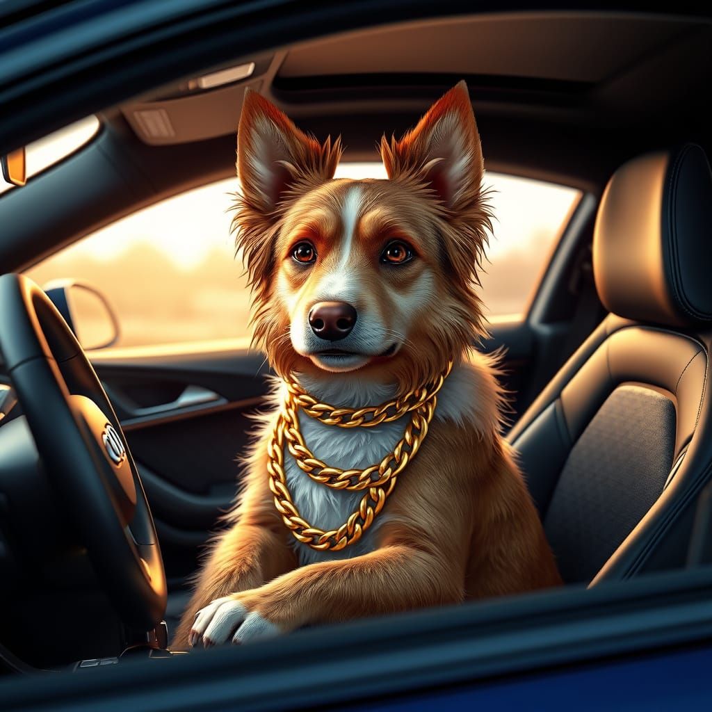 Luxury Dog in Audi Sports Car with Golden Chain