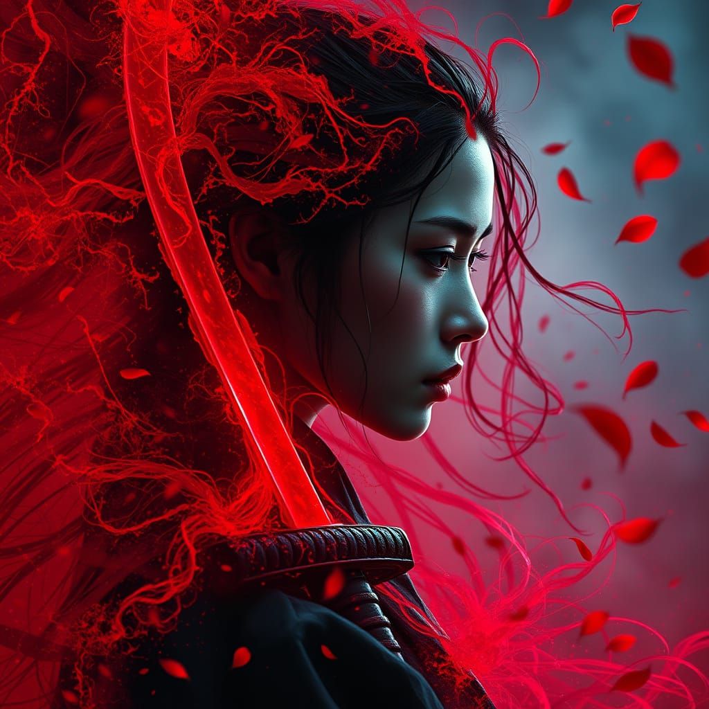 Crimson Energy Samurai Portrait in Dark Fantasy Style