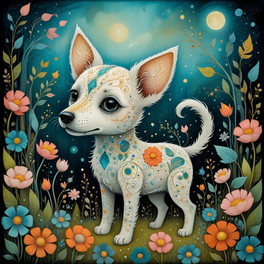 A dreamlike puppy in art brut style by Andy Kehoe, Benjamin Lacombe, Catherine Hyde, detailed, intricate, bright, delica...