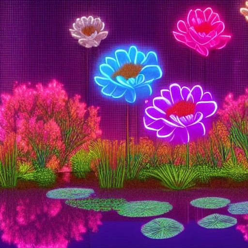 Synthwave Neon Garden Pond at Night