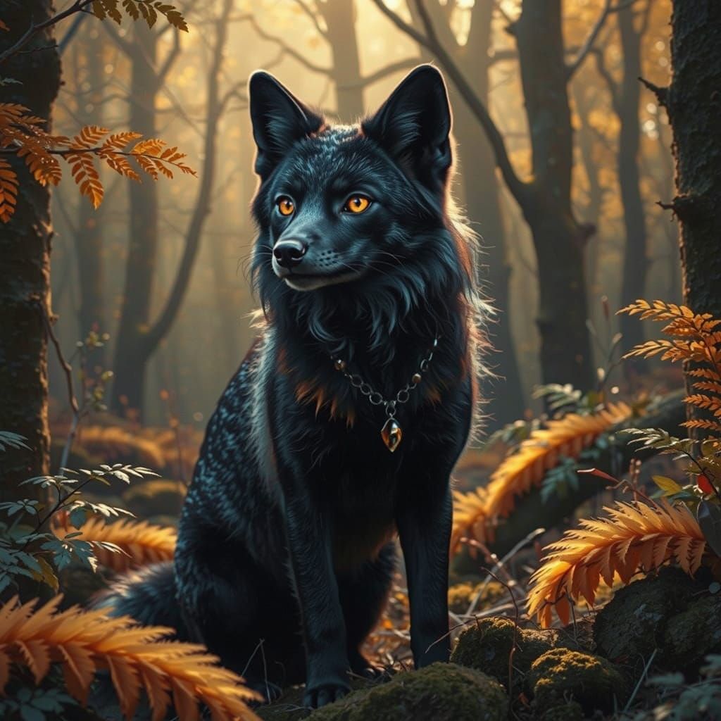 Mystical Black Fox in Ghostly Forest
