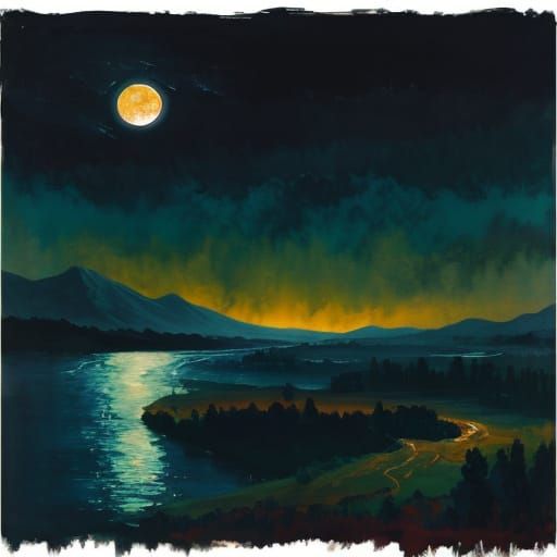 Luminous Moonlit Landscape in Gouache Style