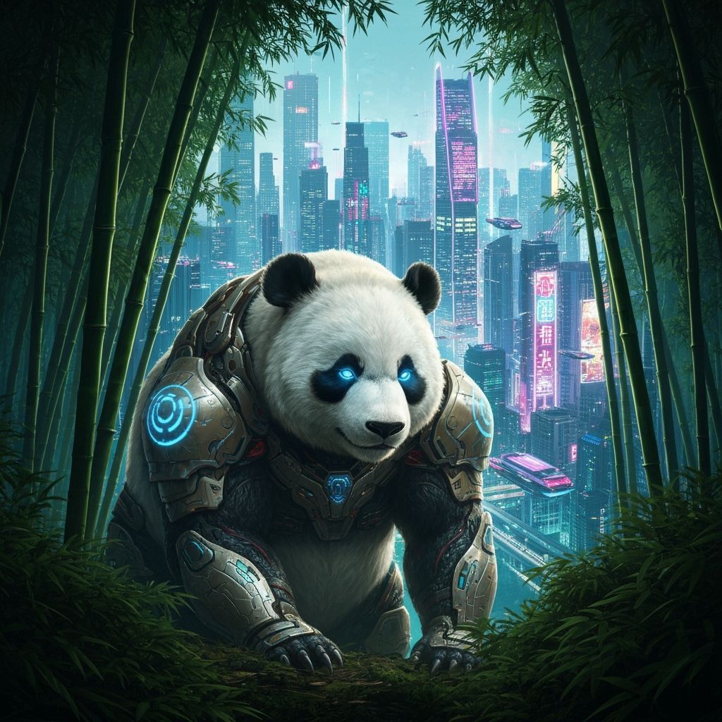 Envision a cyborg panda, clad in sleek, chrome armour adorned with intricate, glowing patterns, relaxing in a bamboo for...