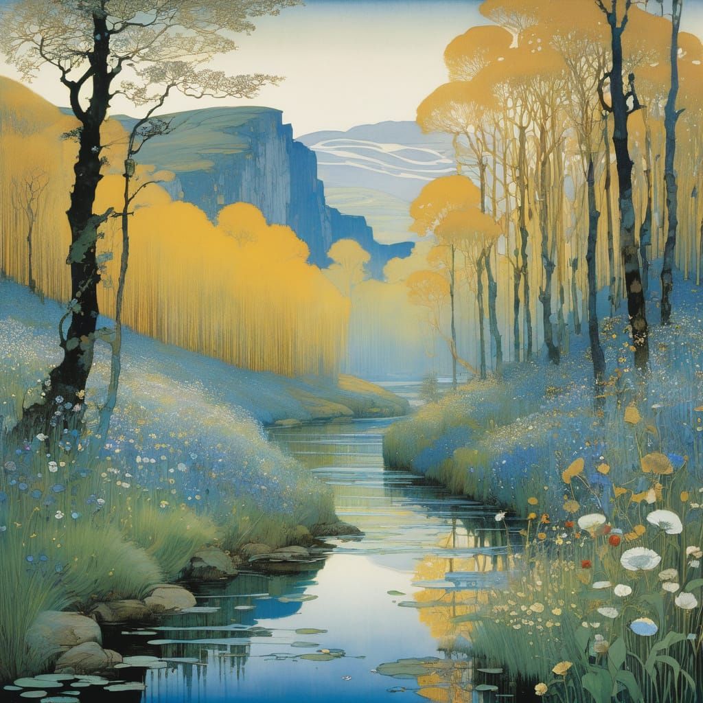 Blue Wildflowers by River: Golden Age Illustration