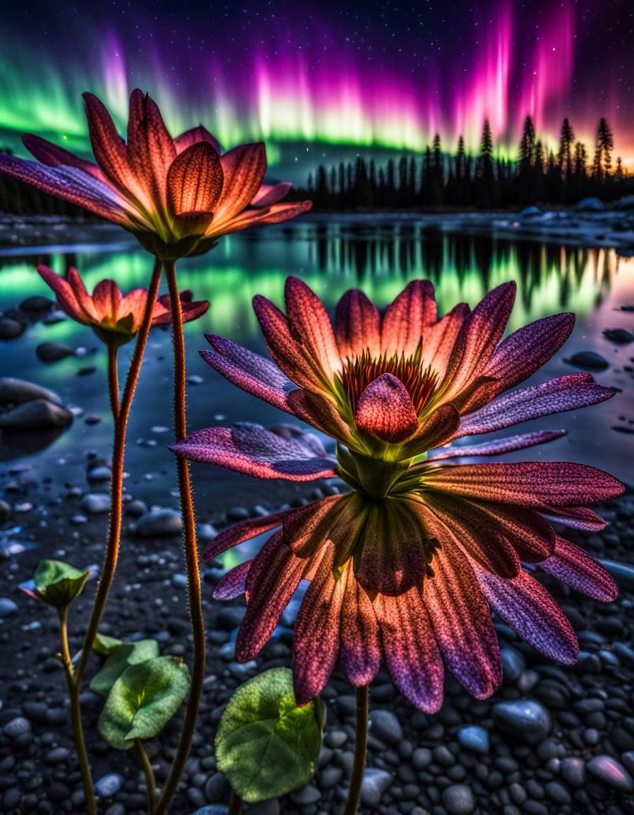 Aurora Borealis Mirrored in Flower Petals