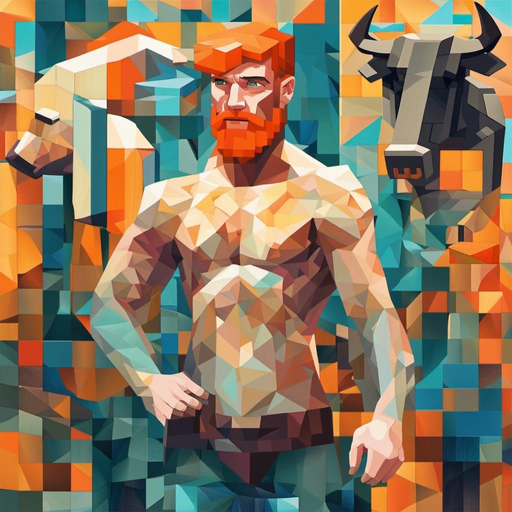 Minecraft Character on Glass Tower, Cubist Style