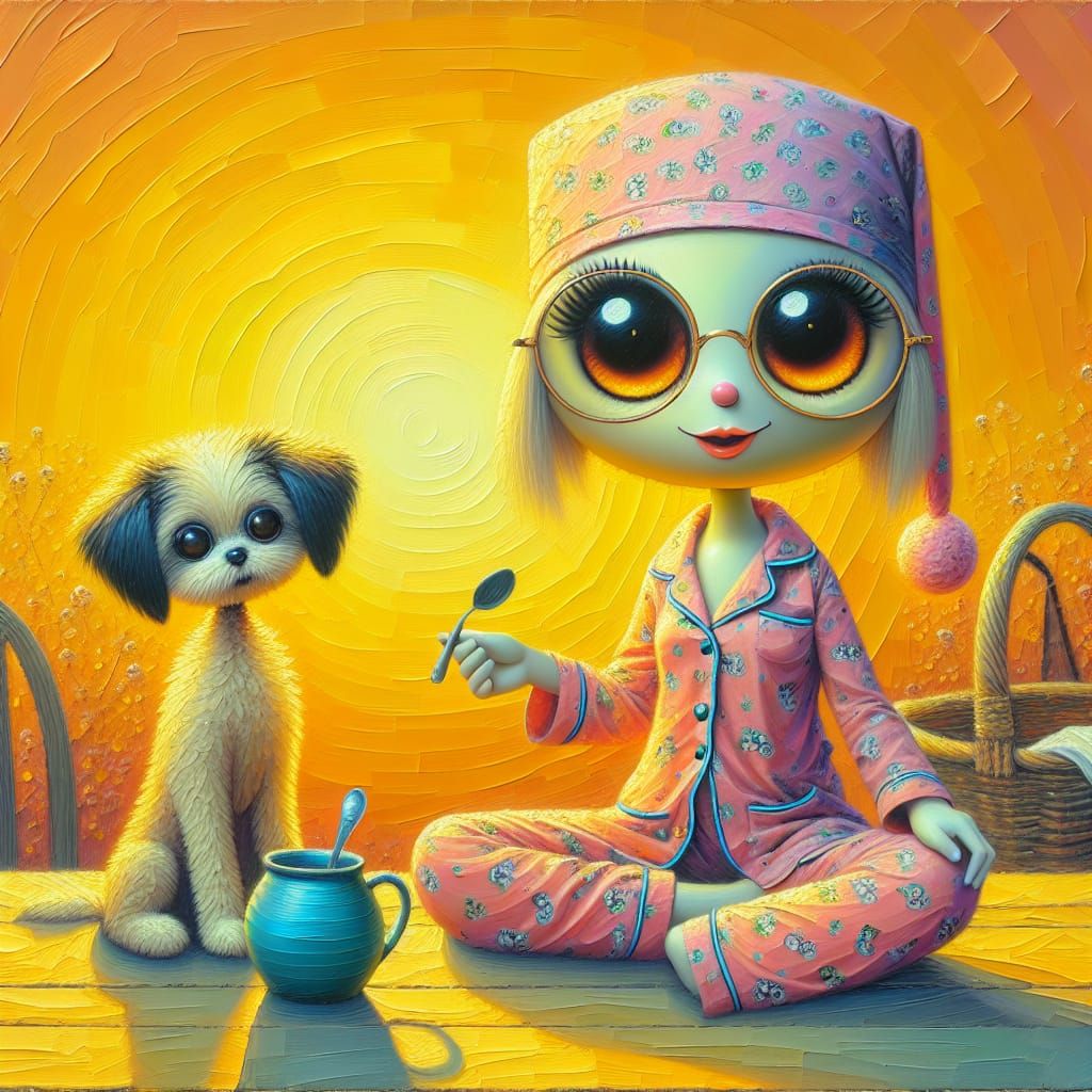 Whimsical Doll and Puppy Enjoy Breakfast as Oil Painting