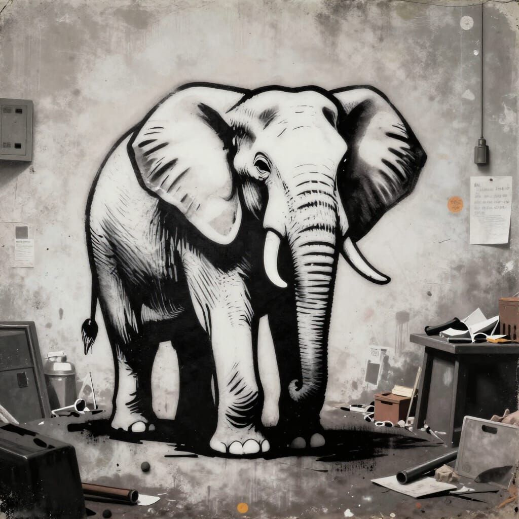 Banksy-Inspired Elephant in Cluttered Room