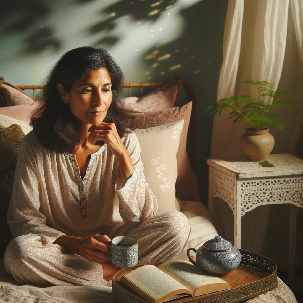 Serene Woman in Cozy Bedtime Attire Amidst Tranquil Nighttim...
