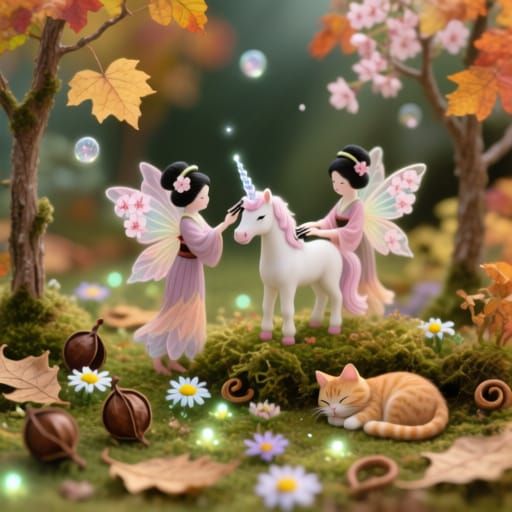 Miniature Autumn Garden with Fairy Geishas and Unicorn