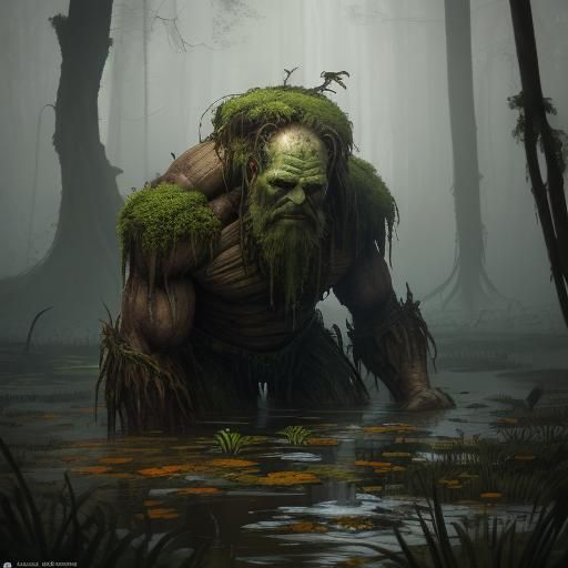 Bog Titan Rises From Swamp: Oil Painting Style