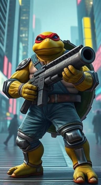 Armored Turtle Warrior in Cyberpunk Cityscape