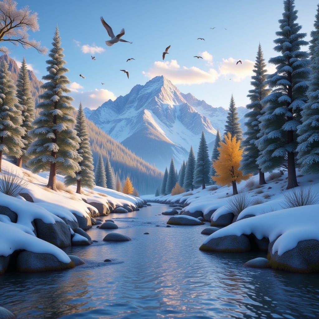 Hyperrealistic Fly Fishing in Snowy Mountain Stream