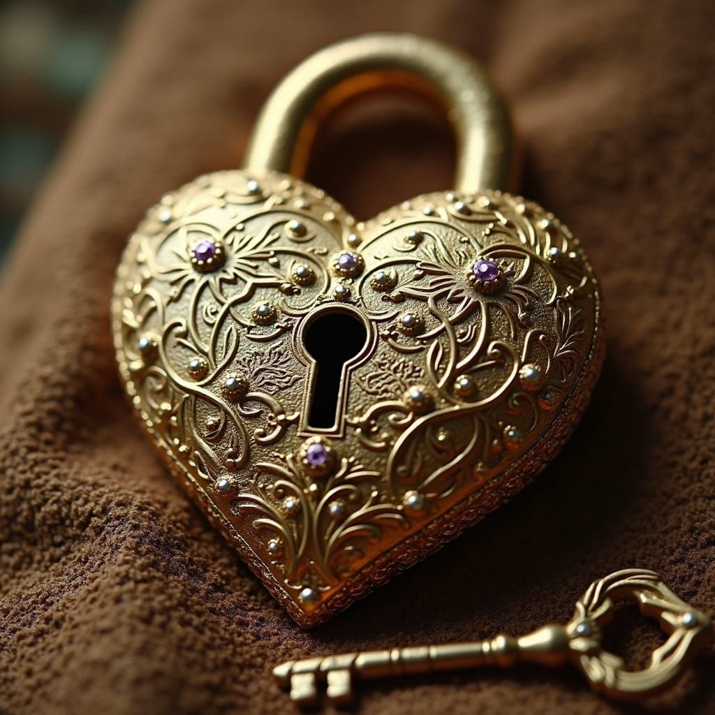 Golden Heart Lock with Twisted Vine Key Amidst Velvet Hues