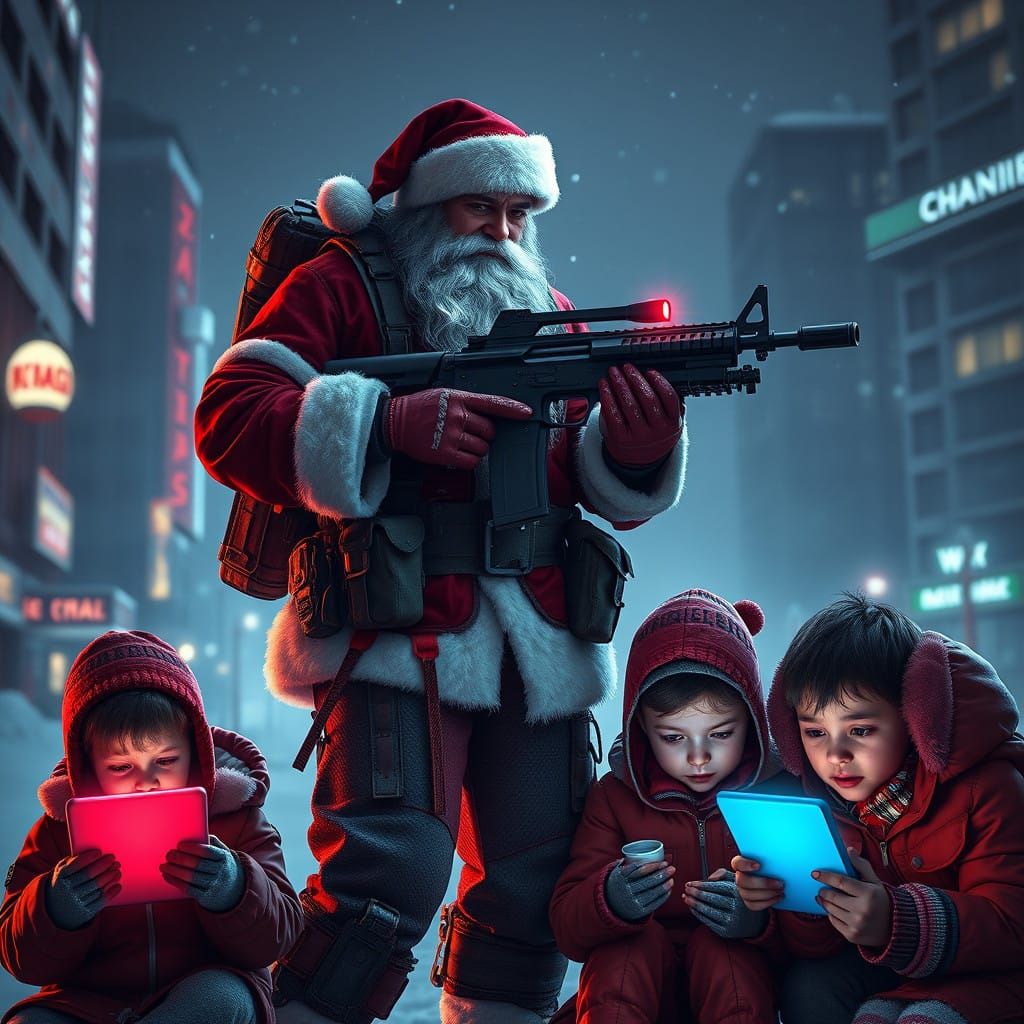 Gritty Santa Claus Guards Naughty Kids Amid Dystopian Citysc...