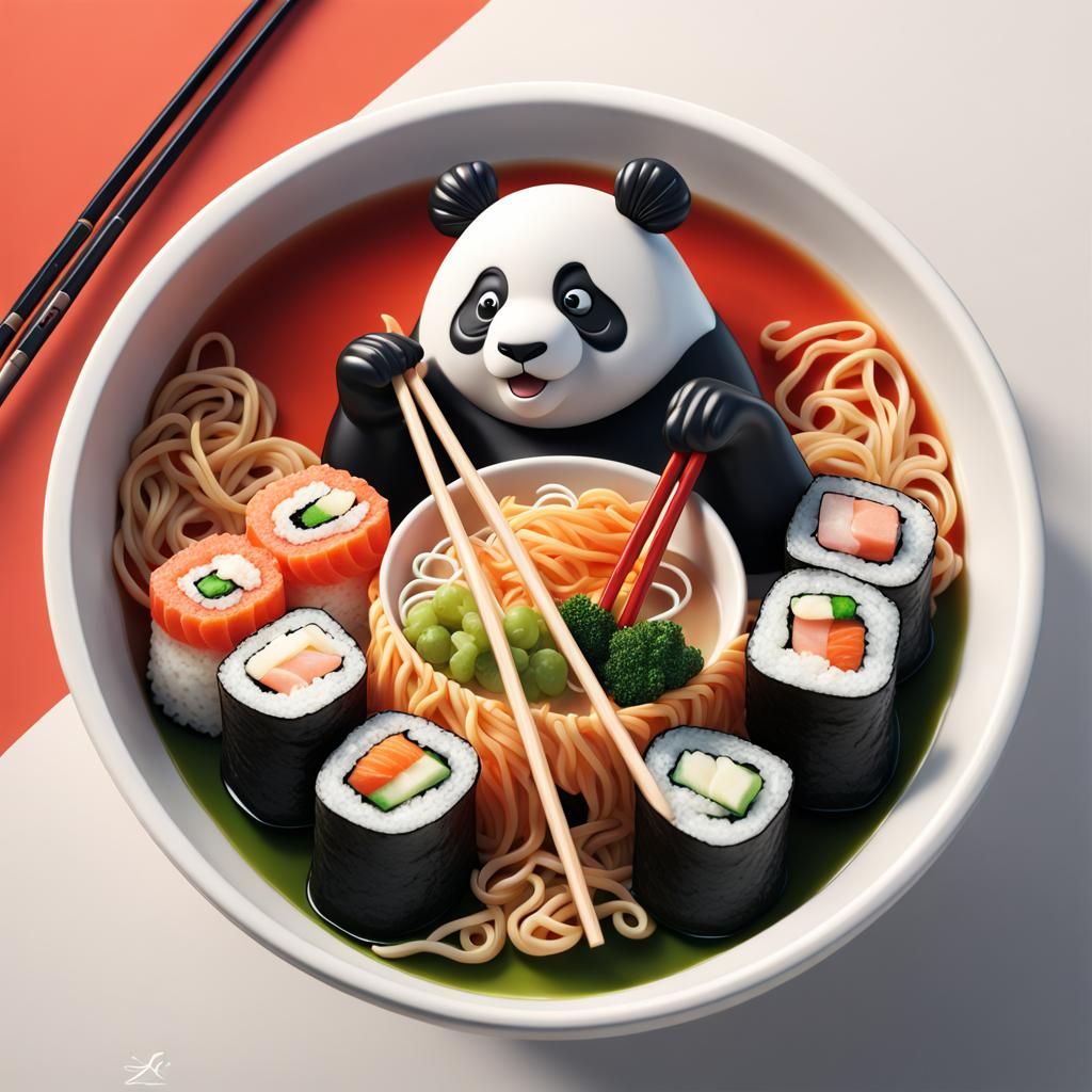 Panda Sushi in Ramen Bowl: Detailed Matte Painting