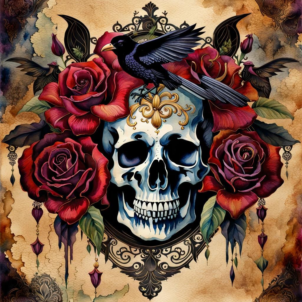 Gothic Skull with Roses Watercolor Illustration