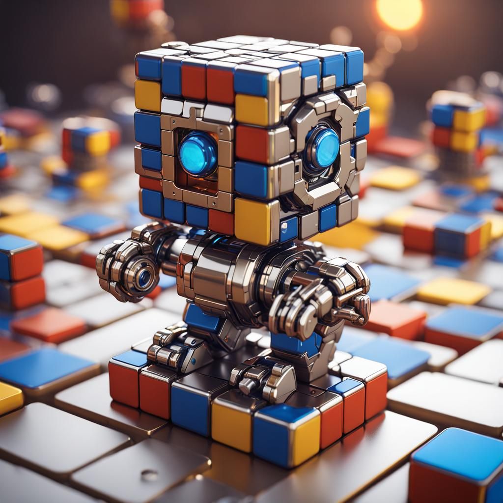 Cute chibi rubik's cube wolfie  puzzle bot intricate mech de...