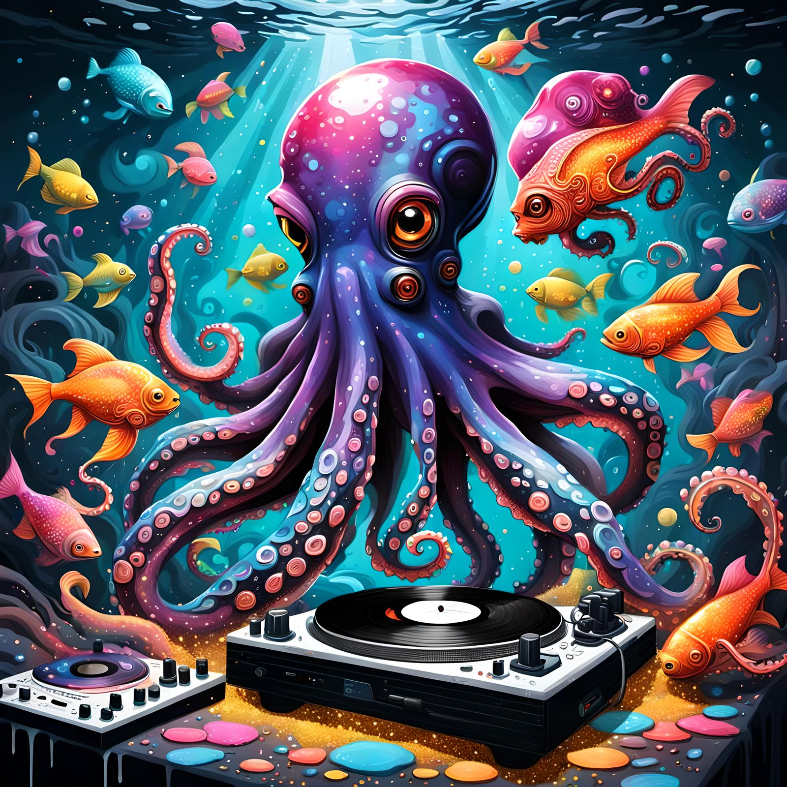 Octopus DJ Spinning Records in Underwater Rave