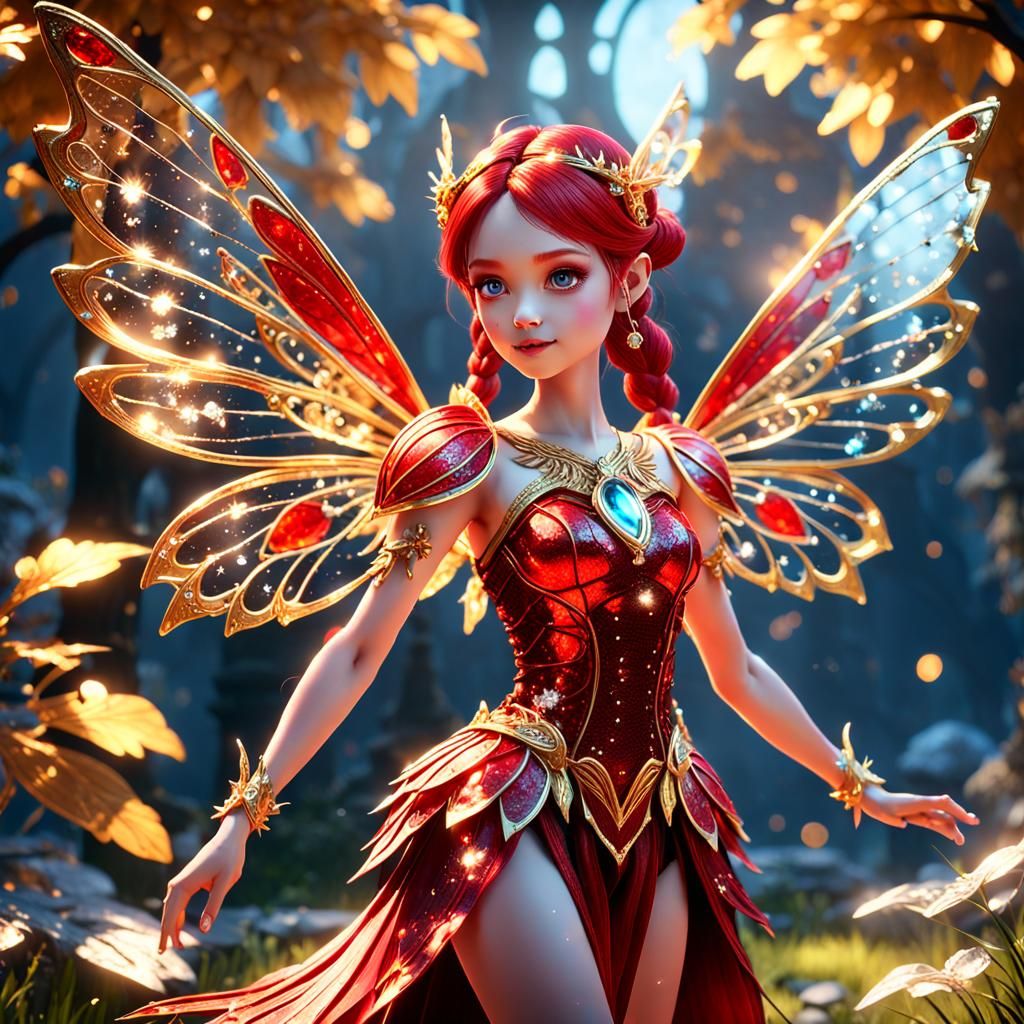 Red Fairy with Crystal Wings in Golden Fairytale